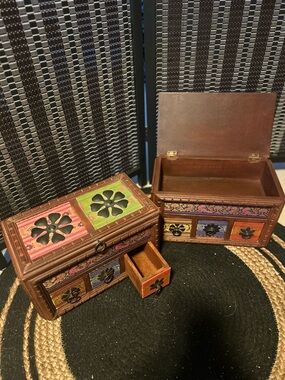 Vintage 1960s Indian Multicolor Carved Wooden Jewelry Box, Floral Chests, 2 set